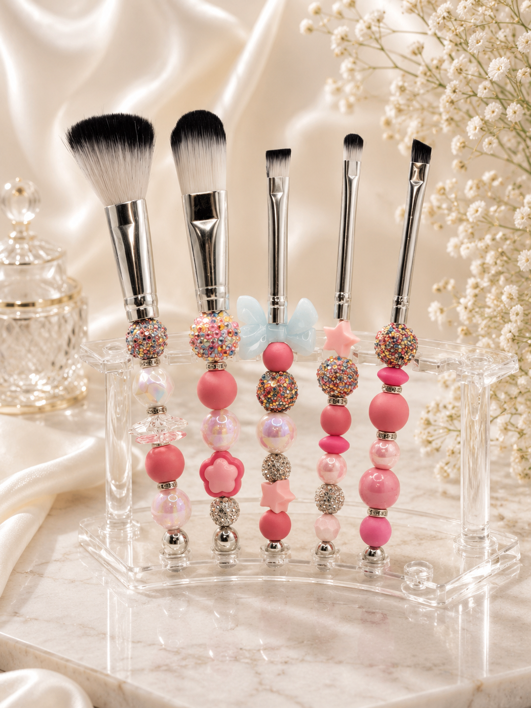 Pink Beaded Makeup Brushes x 5