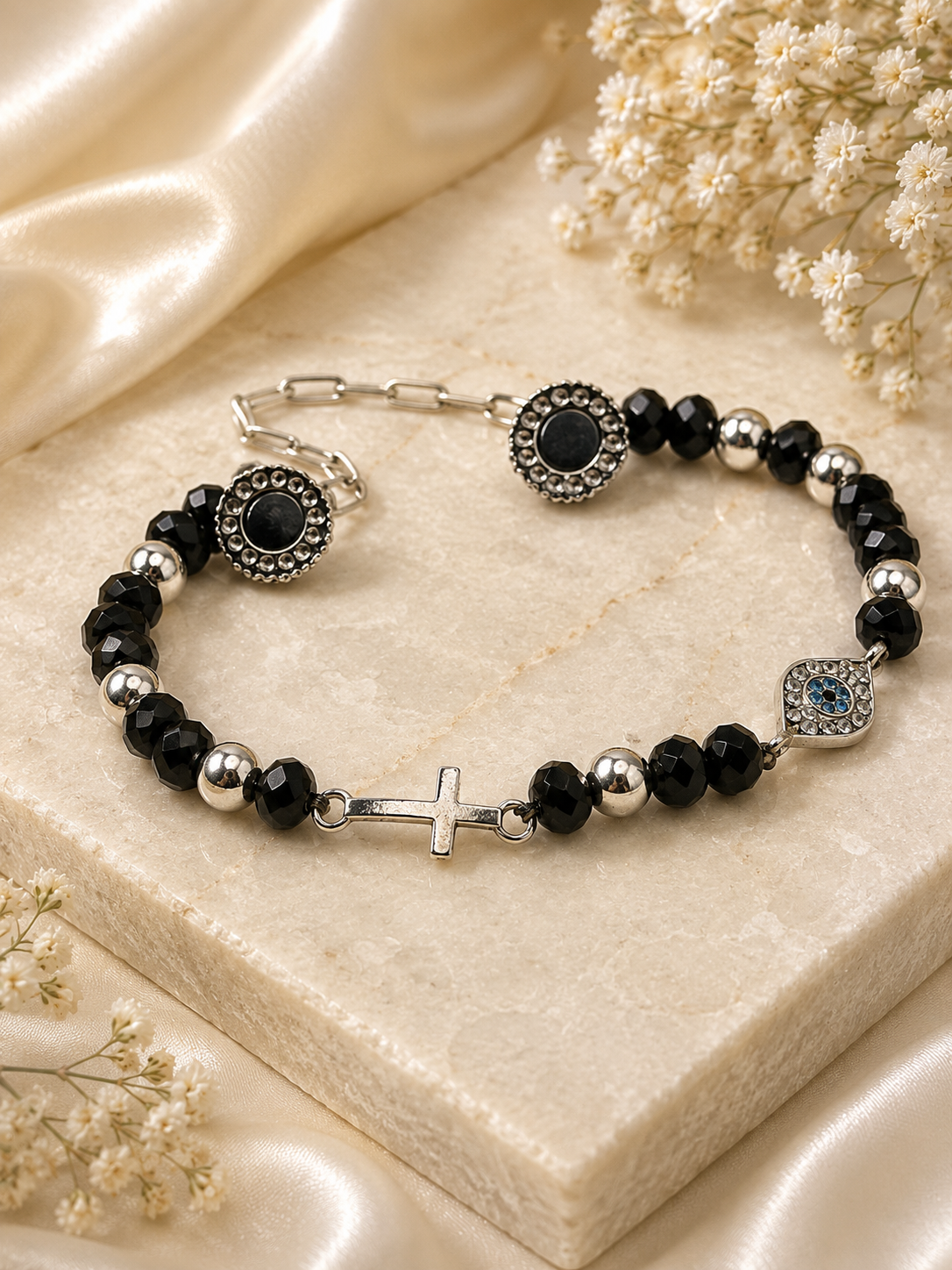 Midnight Mary Cross Bracelet with Magnetic Clasp