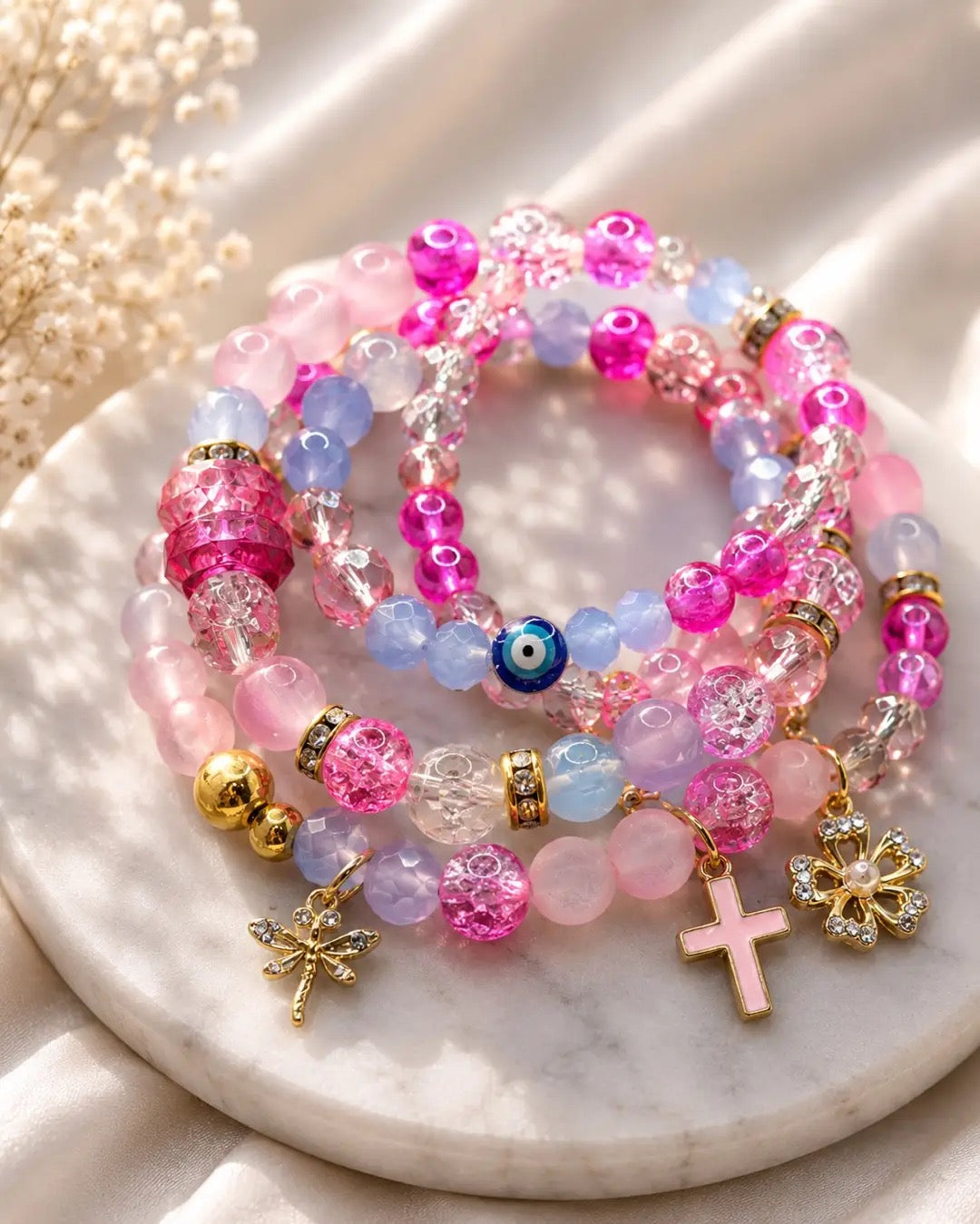 Ollie Pink Bundle of 5 Bracelets with charms